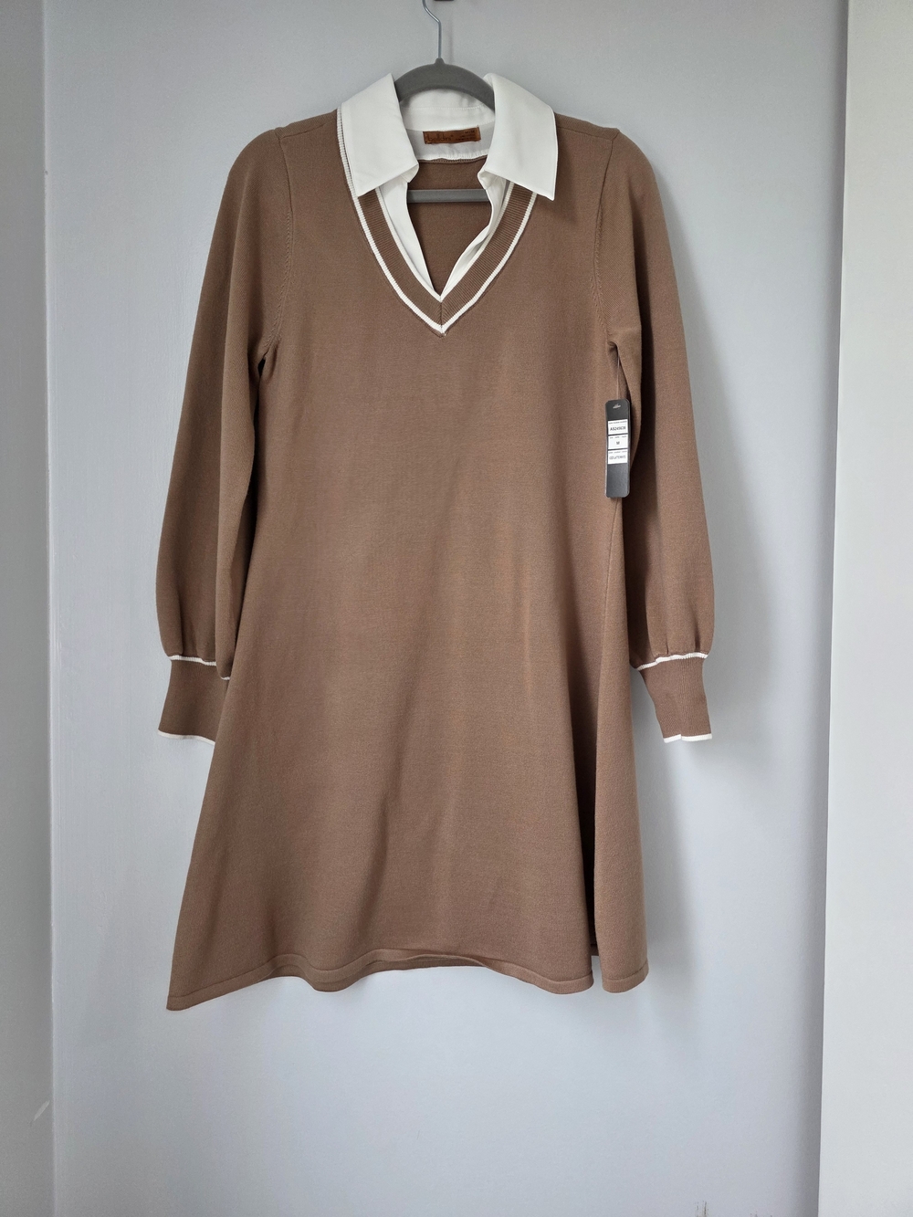 Girls Brown Knit Polo-Collar Dress with White Trim